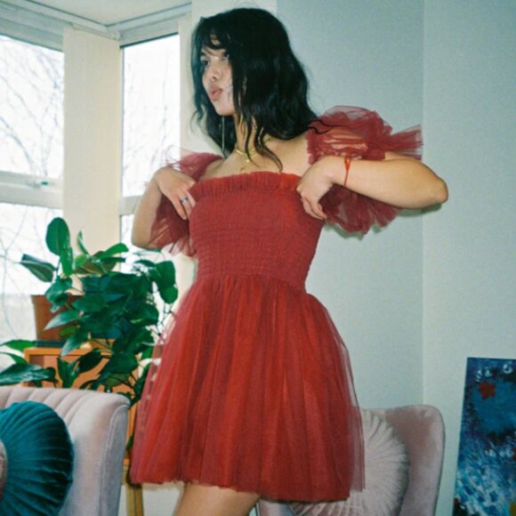 Beasha Studios Tulle Babydoll Wine Mini Dress with Puff Sleeves L - Picture 5 of 13